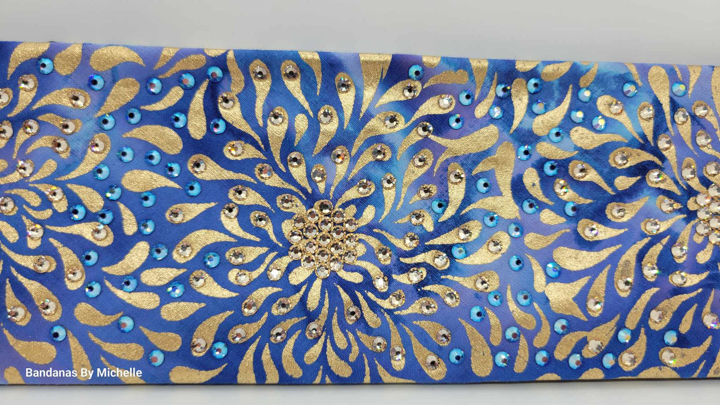 LeeAnnette Gold Flowers on Blue with Honey and Blue Shimmer Austrian Crystals (Sku4597)