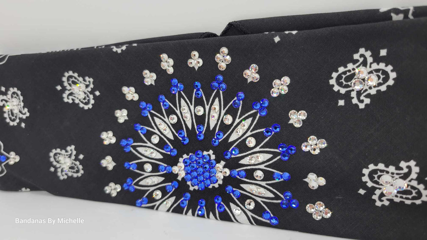 EXTRA BLING - Black Paisley With Blue and Diamond Clear Austrian Crystals (Sku4600)