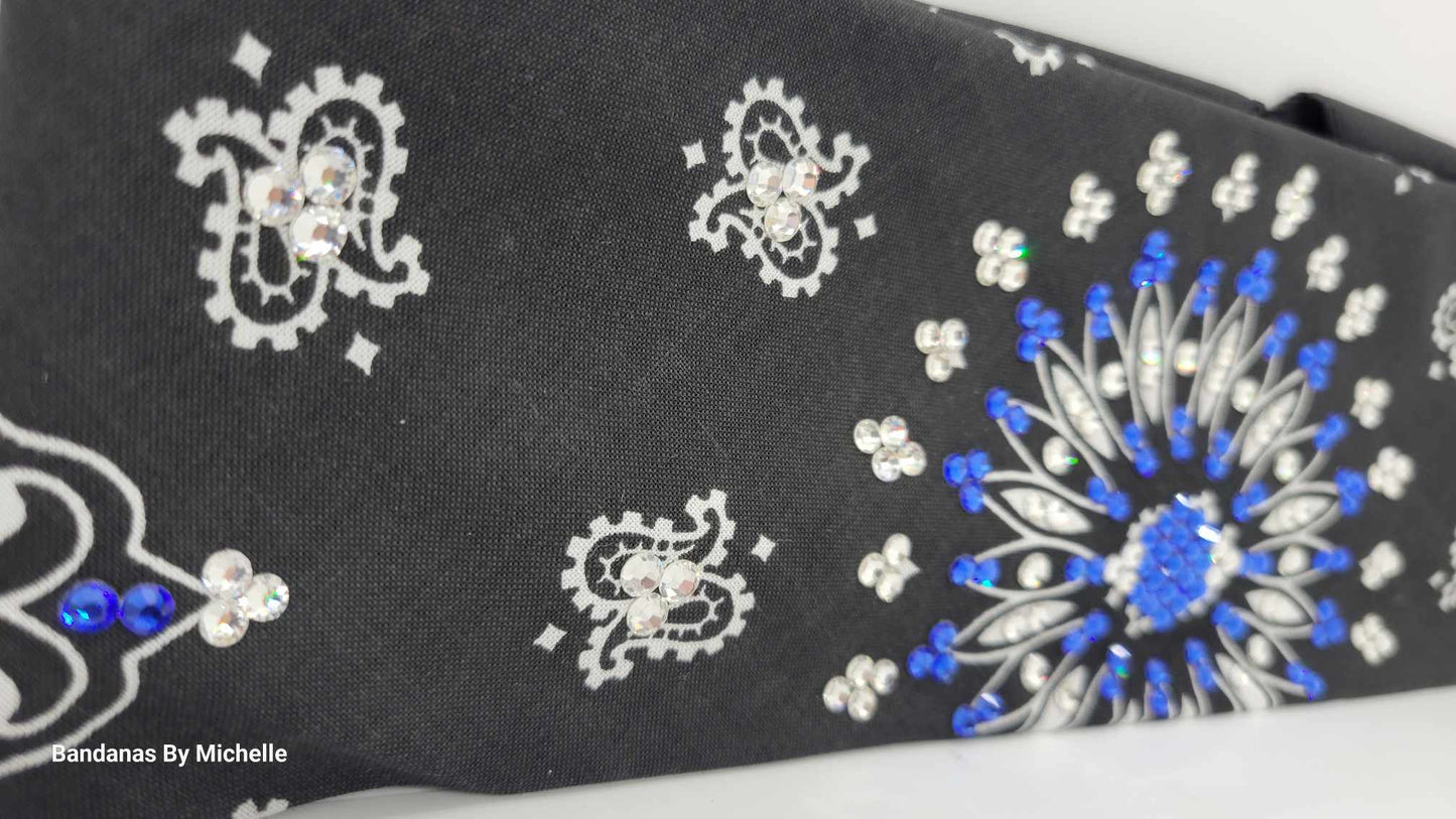EXTRA BLING - Black Paisley With Blue and Diamond Clear Austrian Crystals (Sku4600)