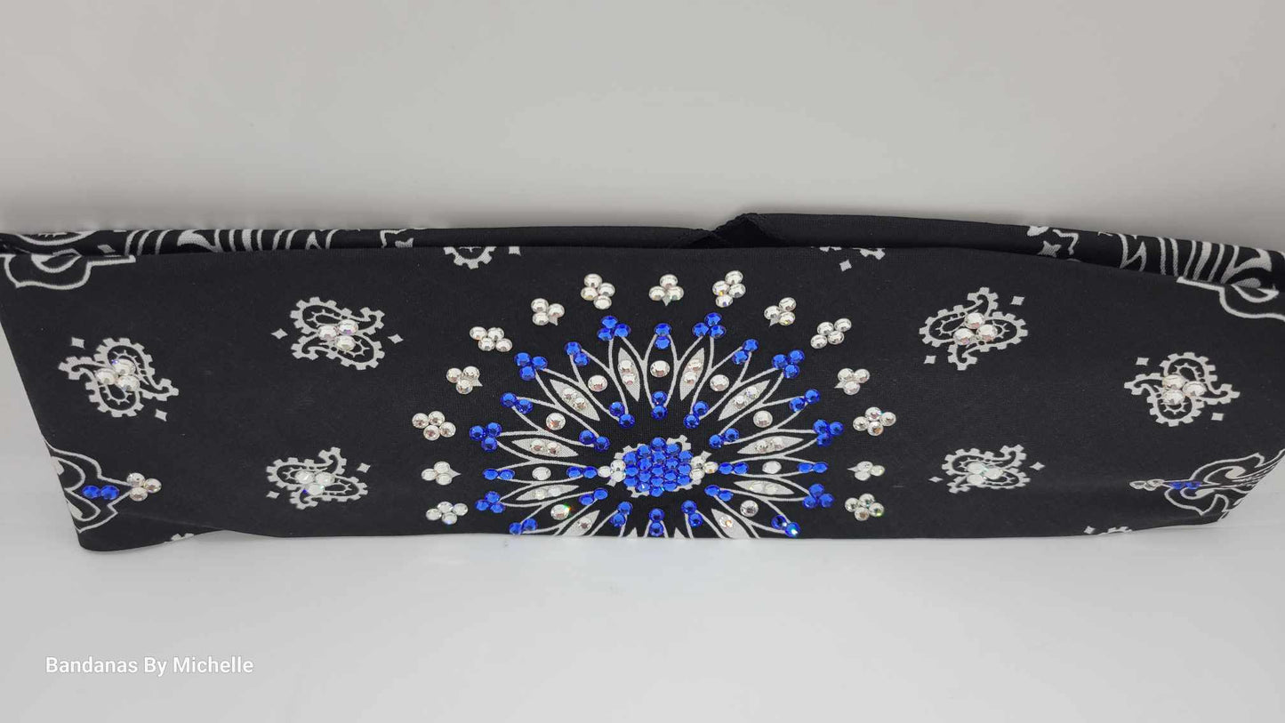 EXTRA BLING - Black Paisley With Blue and Diamond Clear Austrian Crystals (Sku4600)