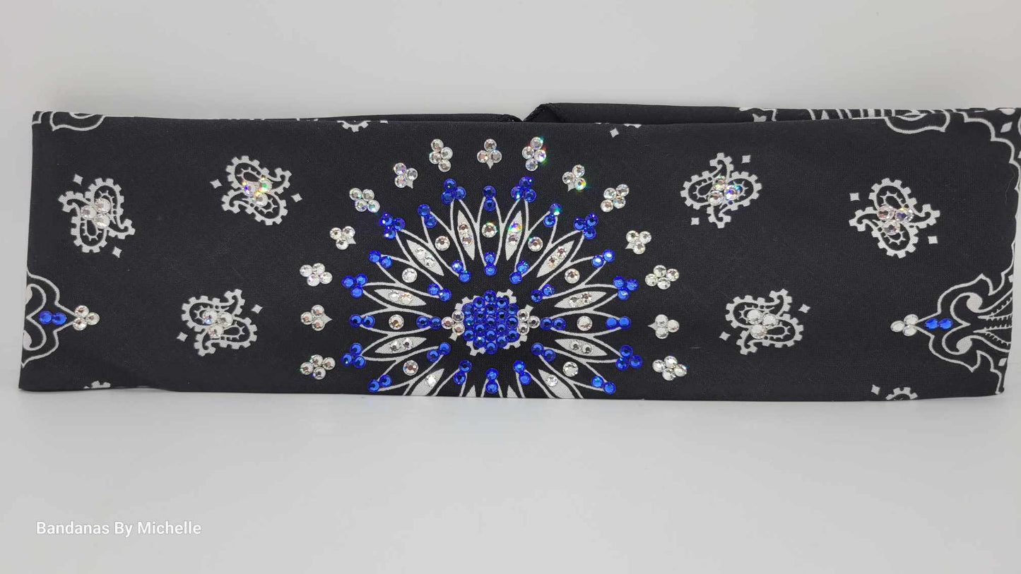 EXTRA BLING - Black Paisley With Blue and Diamond Clear Austrian Crystals (Sku4600)
