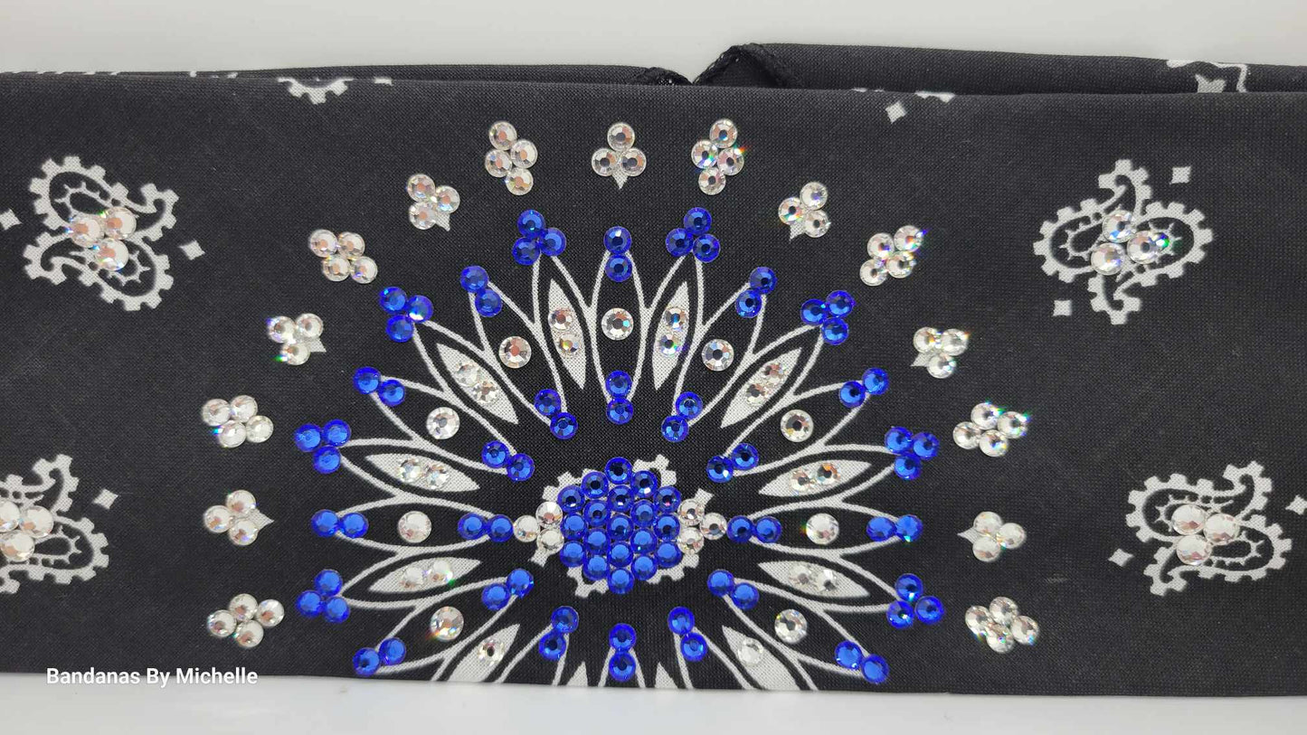 EXTRA BLING - Black Paisley With Blue and Diamond Clear Austrian Crystals (Sku4600)