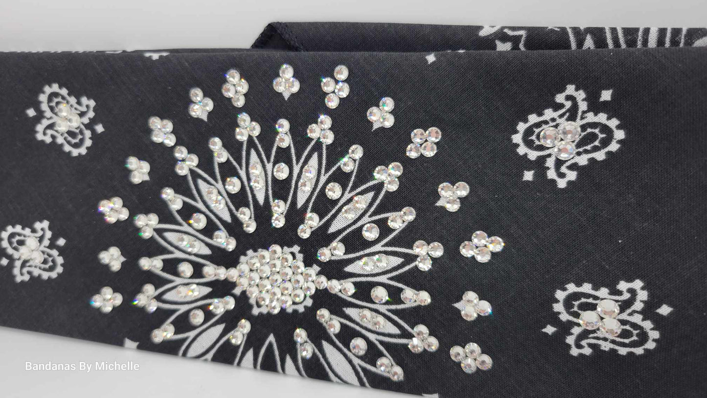EXTRA BLING - Black Paisley Bandana With Diamond Clear Austrian Crystals (Sku4602)