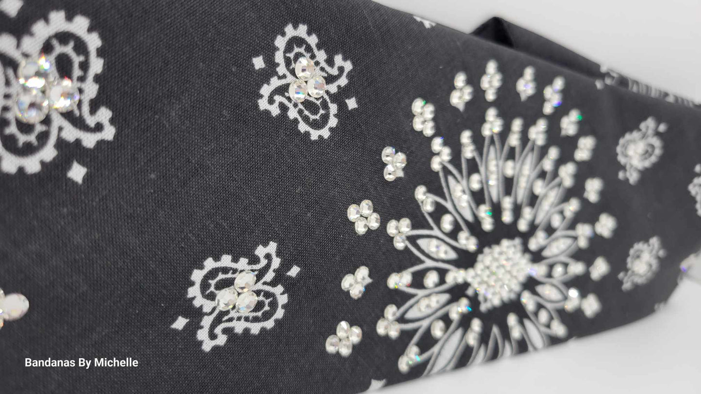 EXTRA BLING - Black Paisley Bandana With Diamond Clear Austrian Crystals (Sku4602)
