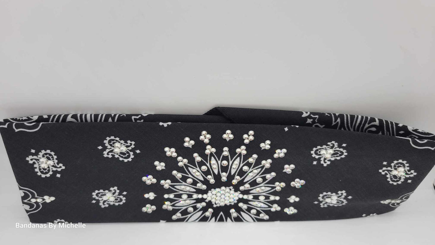 EXTRA BLING - Black Paisley Bandana With Diamond Clear Austrian Crystals (Sku4602)