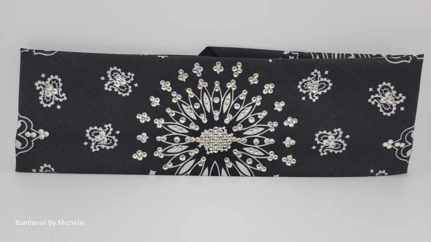 EXTRA BLING - Black Paisley Bandana With Diamond Clear Austrian Crystals (Sku4602)