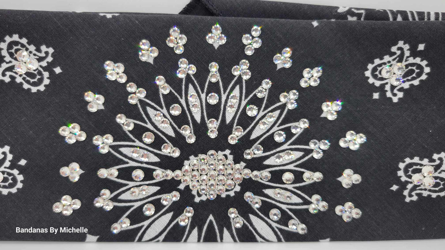 EXTRA BLING - Black Paisley Bandana With Diamond Clear Austrian Crystals (Sku4602)