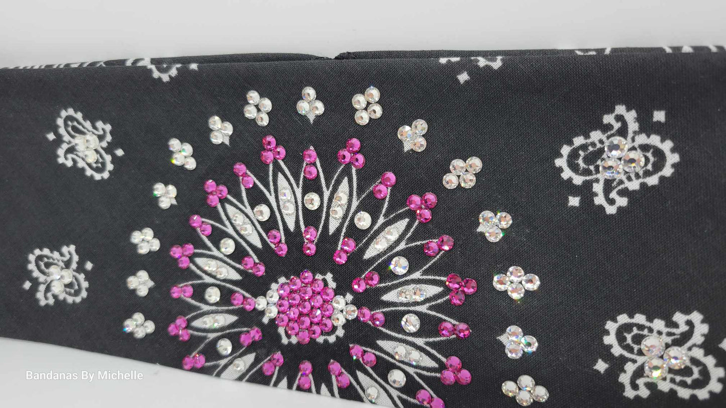 EXTRA BLING - Black Paisley With Fuchsia and Diamond Clear Austrian Crystals (Sku4604)