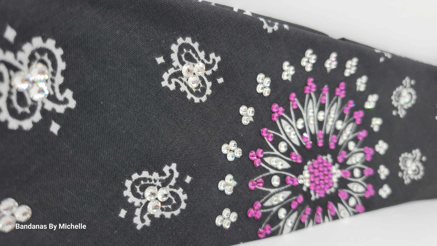 EXTRA BLING - Black Paisley With Fuchsia and Diamond Clear Austrian Crystals (Sku4604)