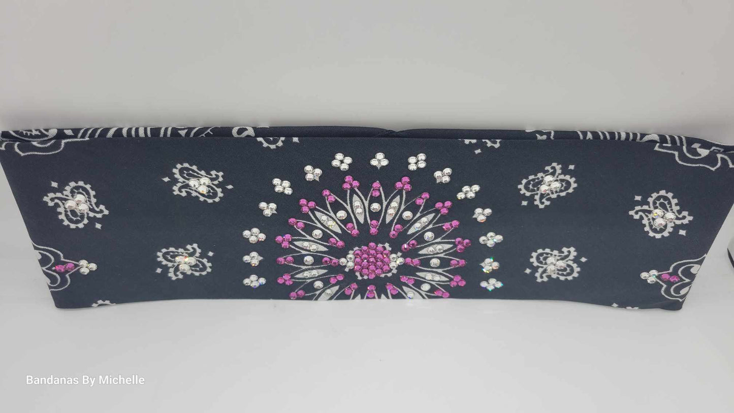 EXTRA BLING - Black Paisley With Fuchsia and Diamond Clear Austrian Crystals (Sku4604)
