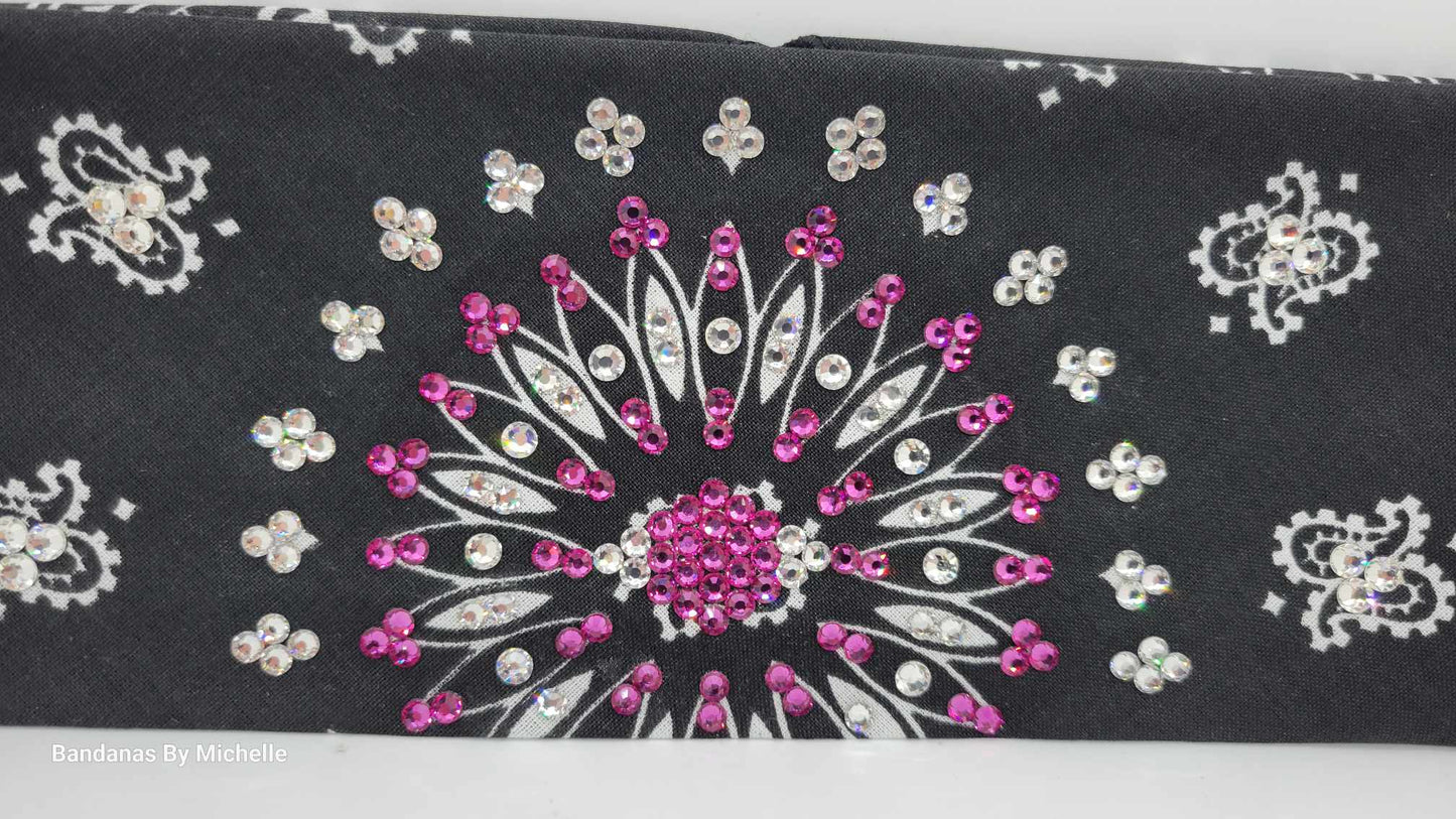 EXTRA BLING - Black Paisley With Fuchsia and Diamond Clear Austrian Crystals (Sku4604)