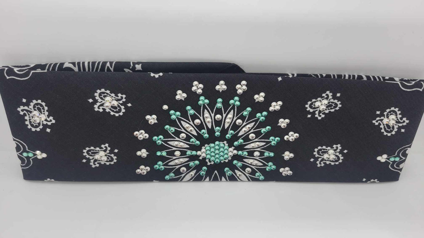 EXTRA BLING - Black Paisley Bandana With Caribbean Sea and Diamond Clear Austrian Crystals (Sku4608)