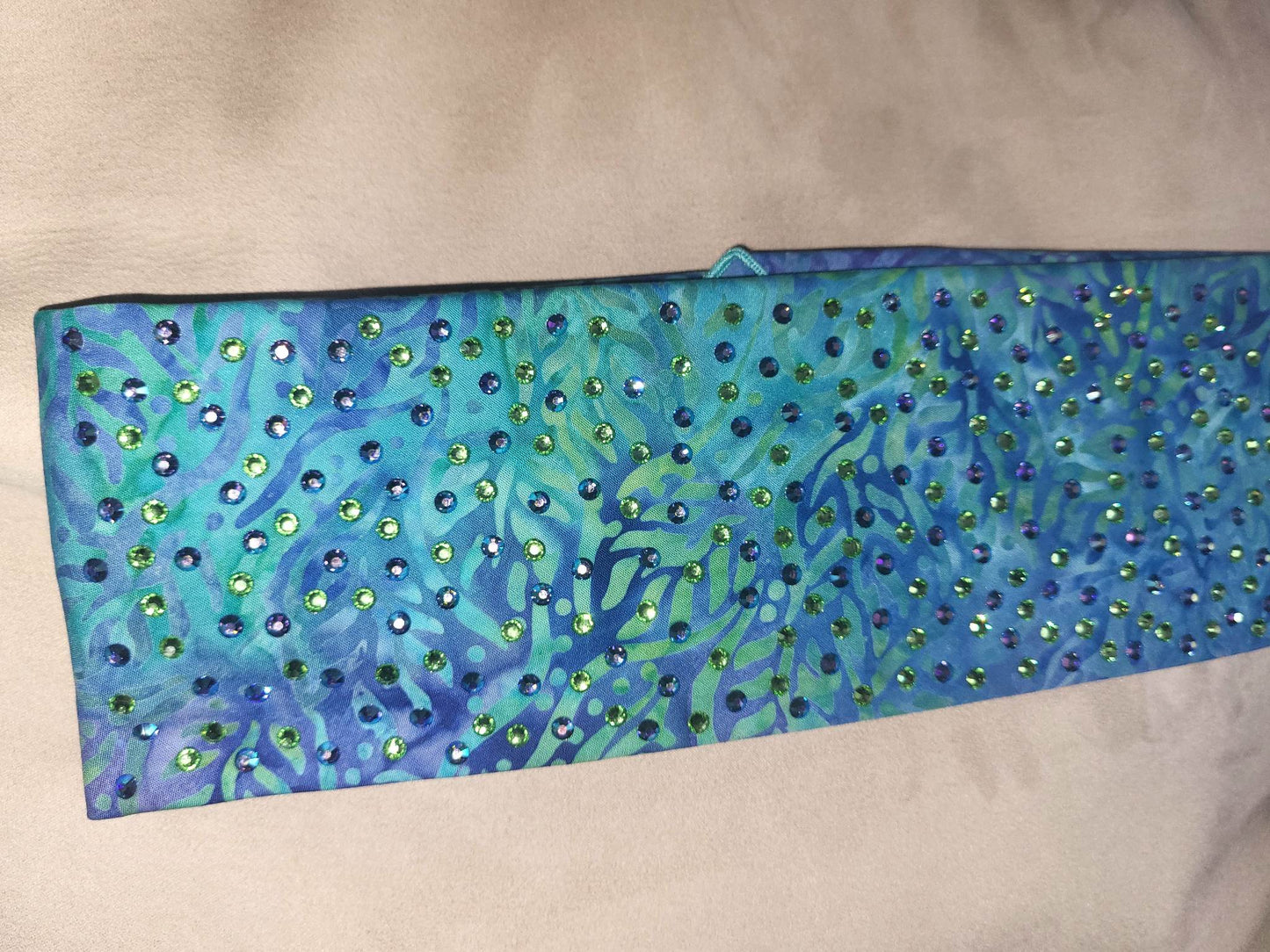 LeeAnnette Green Seaweed on Blue Bandana with Blue Shimmer and Peridot Austrian Crystals (sku4744)