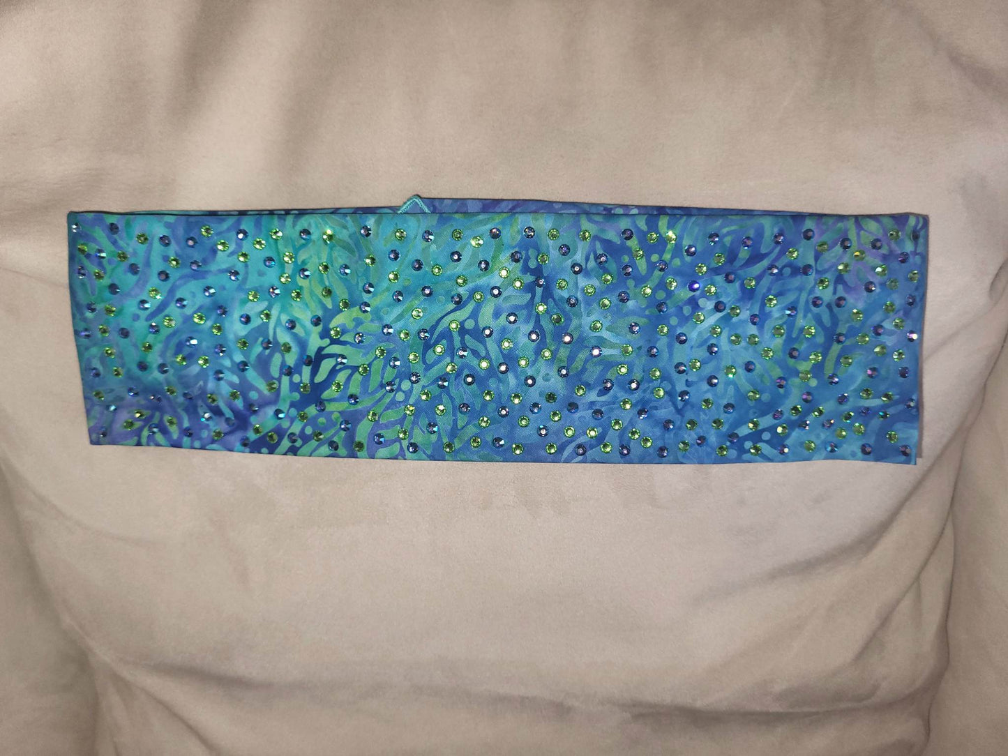LeeAnnette Green Seaweed on Blue Bandana with Blue Shimmer and Peridot Austrian Crystals (sku4744)