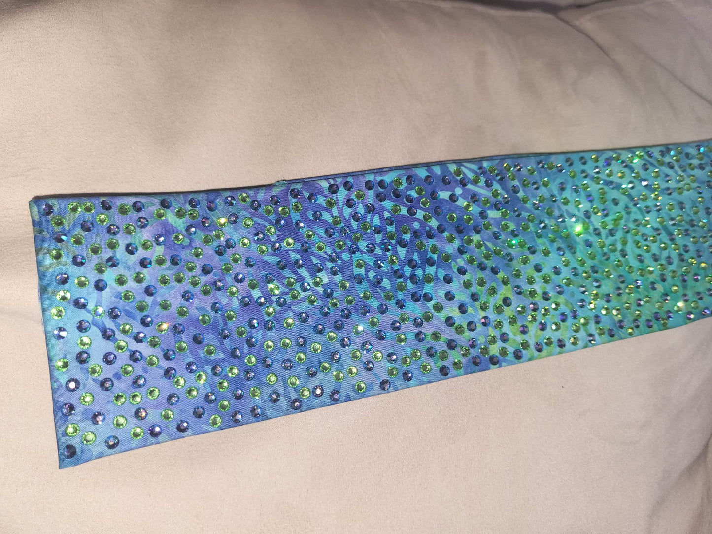 Super LeeAnnette Green Seaweed on Blue Bandana with Blue Shimmer and Peridot Austrian Crystals (Sku4746)