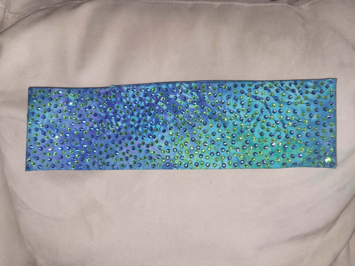 Super LeeAnnette Green Seaweed on Blue Bandana with Blue Shimmer and Peridot Austrian Crystals (Sku4746)
