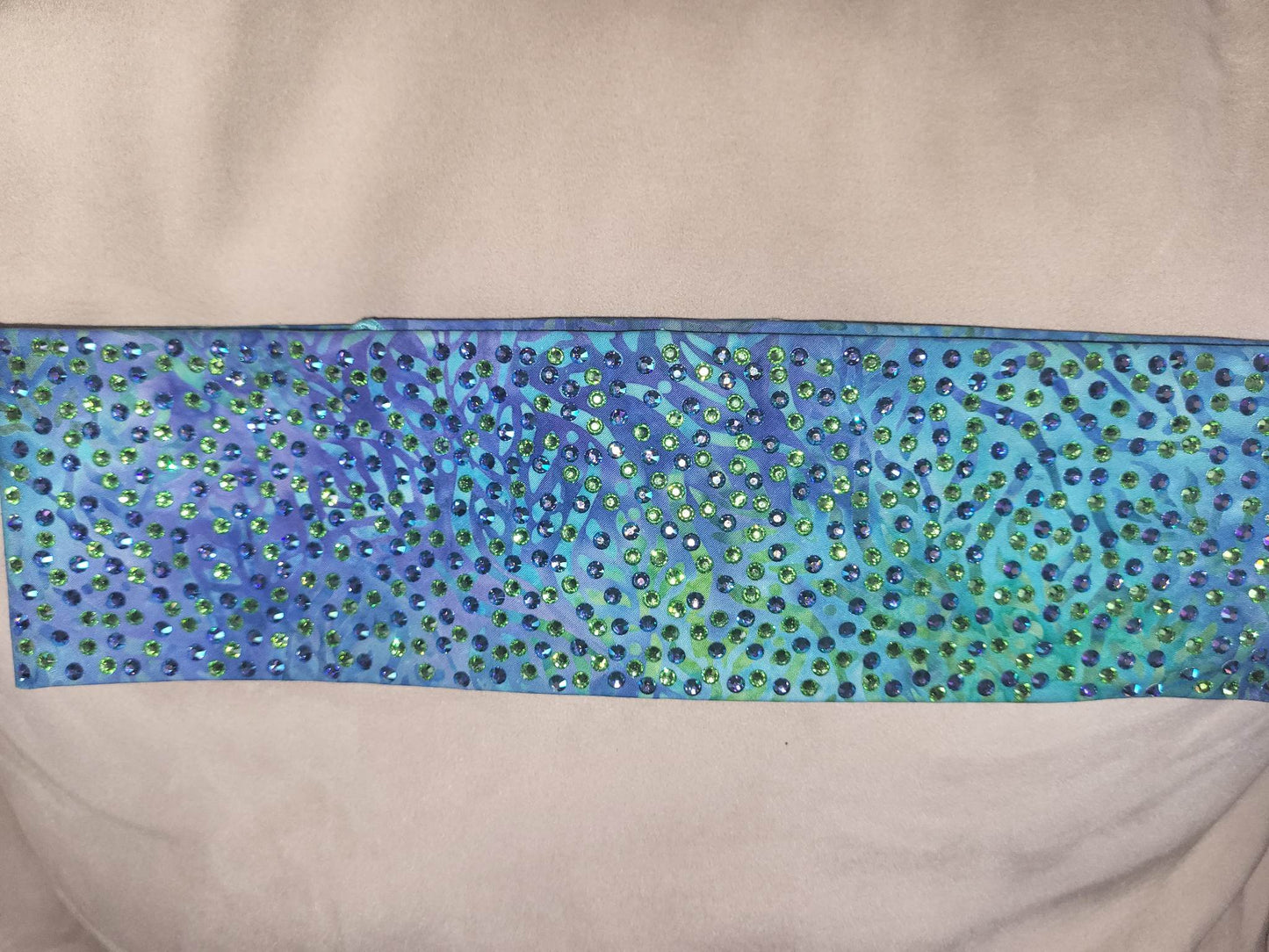 Super LeeAnnette Green Seaweed on Blue Bandana with Blue Shimmer and Peridot Austrian Crystals (Sku4746)