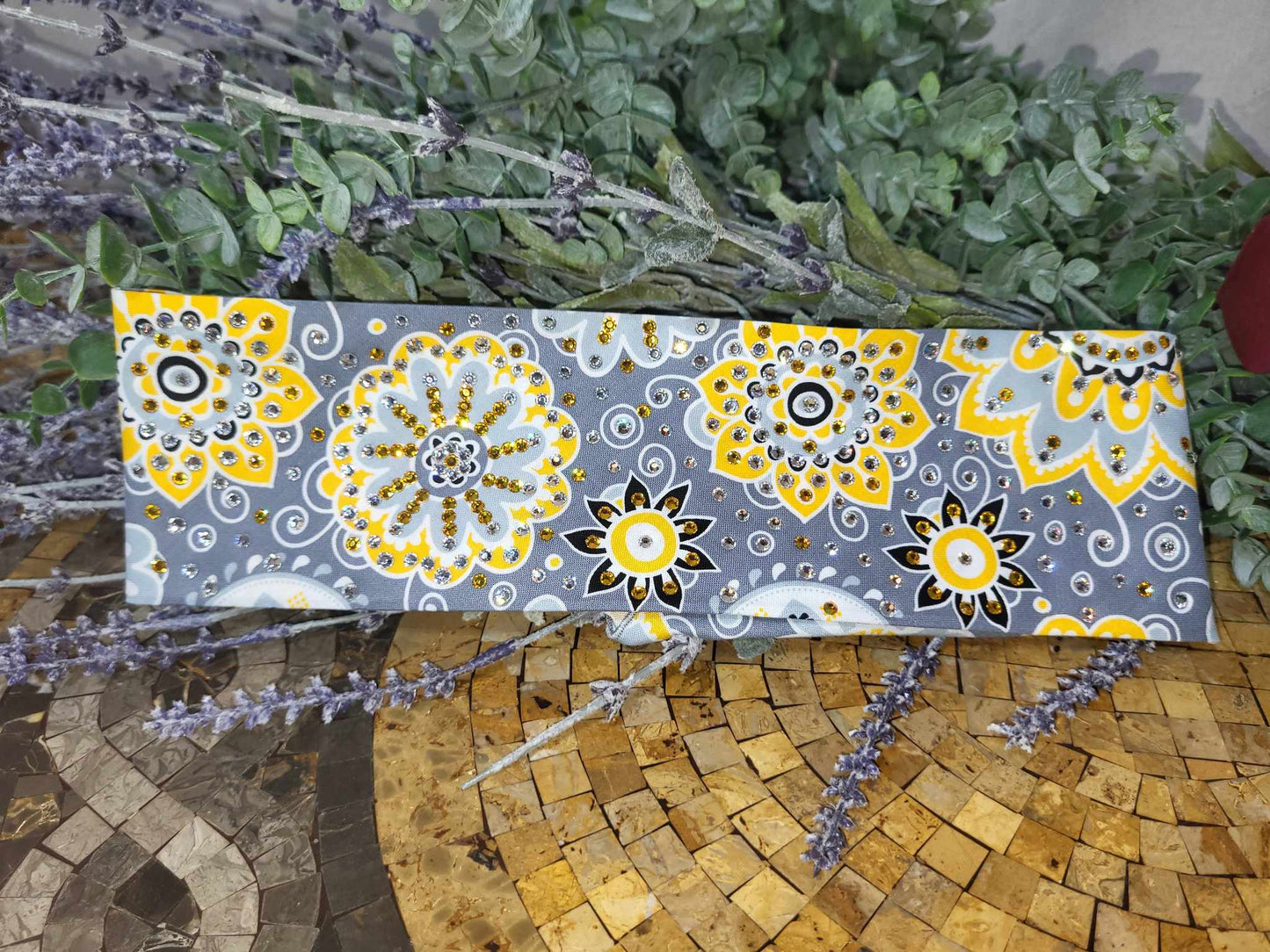 LeeAnnette Yellow Flowers on Dark Grey with Yellow and Diamond Clear Austrian Crystals (sku4753)