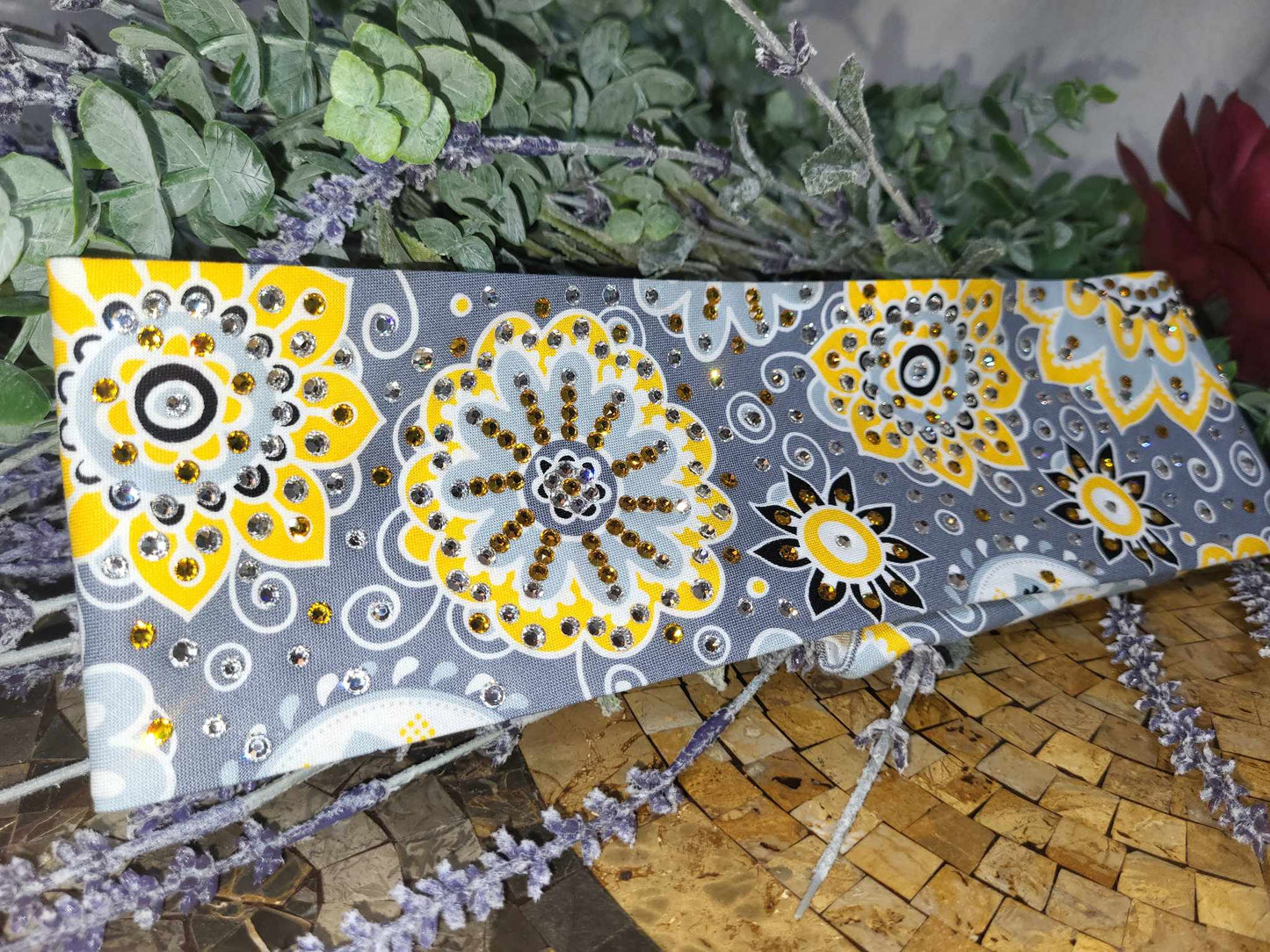 LeeAnnette Yellow Flowers on Dark Grey with Yellow and Diamond Clear Austrian Crystals (sku4753)