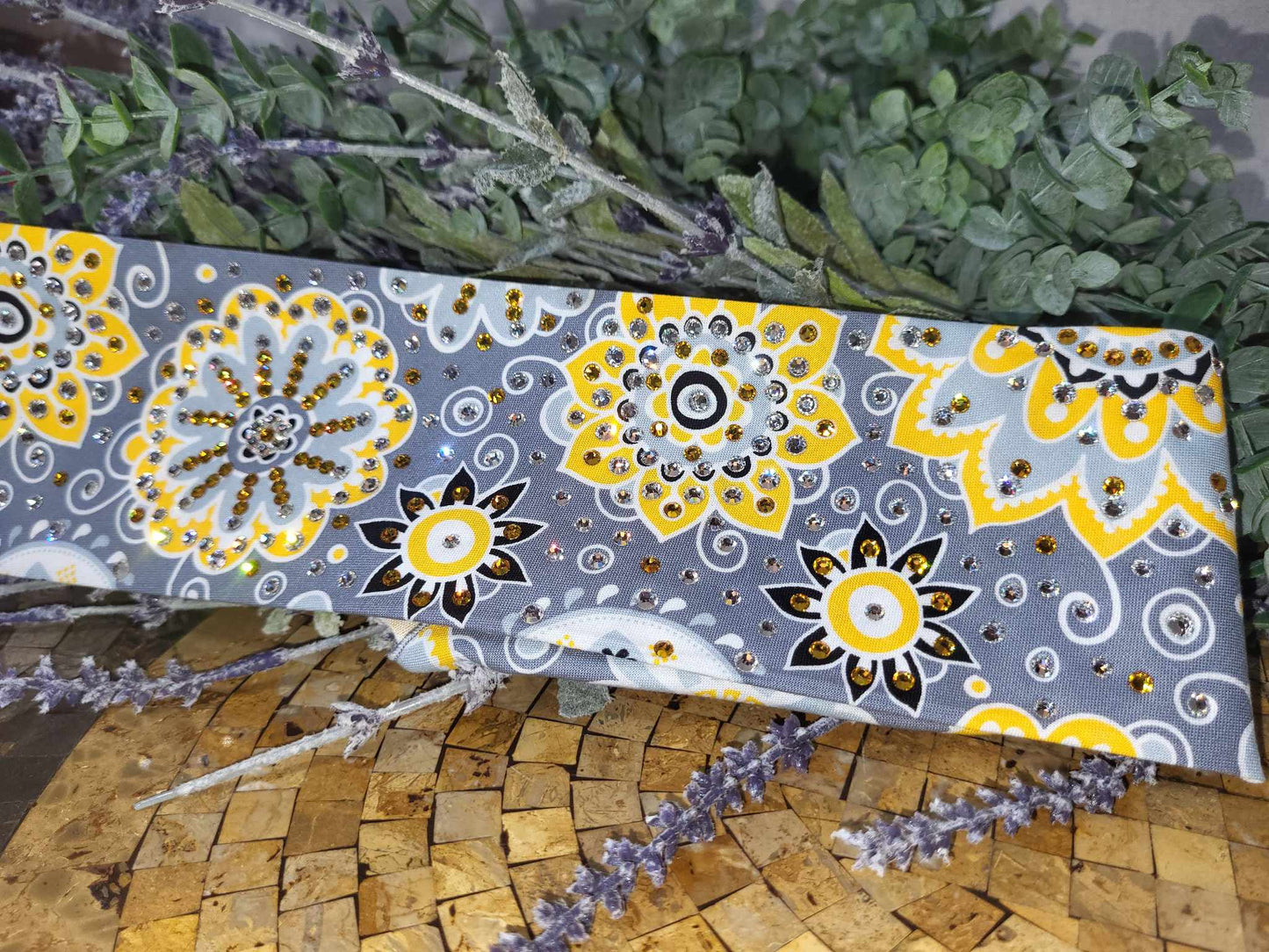 LeeAnnette Yellow Flowers on Dark Grey with Yellow and Diamond Clear Austrian Crystals (sku4753)