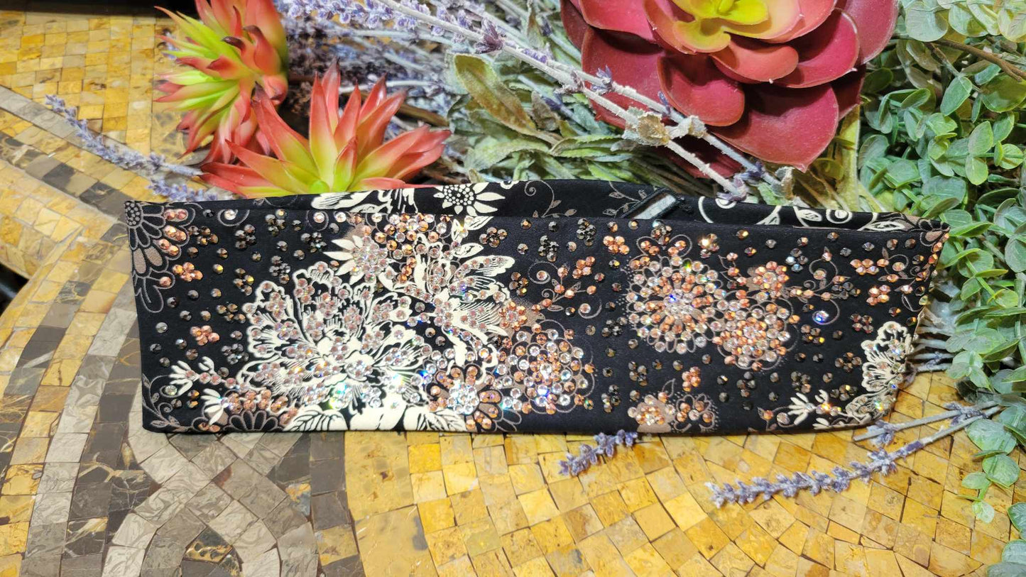 Super LeeAnnette Cream Flowers on Black with Rose Gold, Black and Diamond Clear Austrian Crystals (Sku4762)