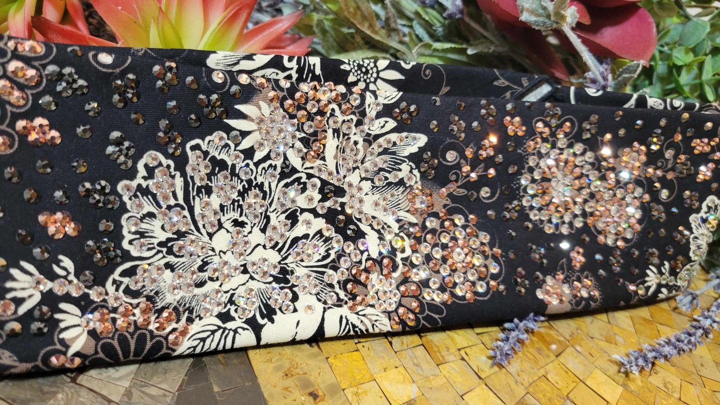 Super LeeAnnette Cream Flowers on Black with Rose Gold, Black and Diamond Clear Austrian Crystals (Sku4762)