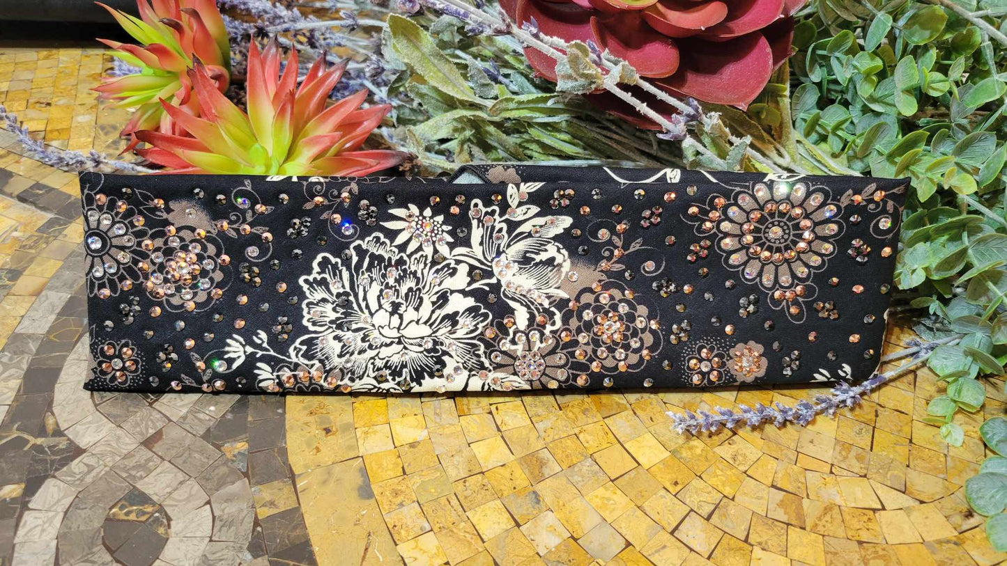 LeeAnnette Cream Flowers on Black with Rose Gold, Black and Diamond Clear Austrian Crystals (sku4763)