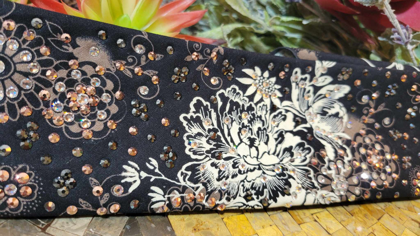 LeeAnnette Cream Flowers on Black with Rose Gold, Black and Diamond Clear Austrian Crystals (sku4763)