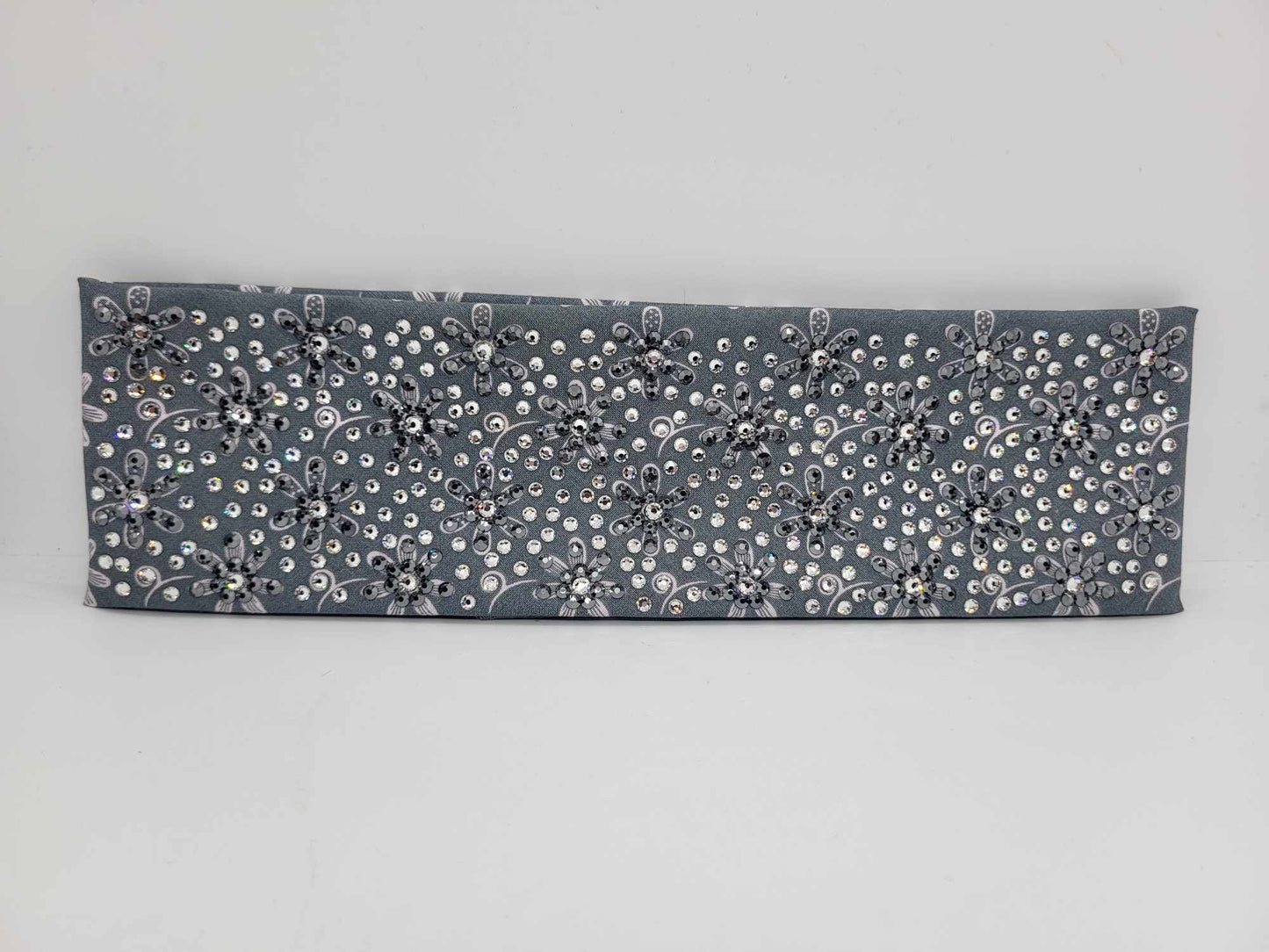 Super LeeAnnette Pink Daisies on Grey with Black and Diamond Clear Austrian Crystals (Sku4797)