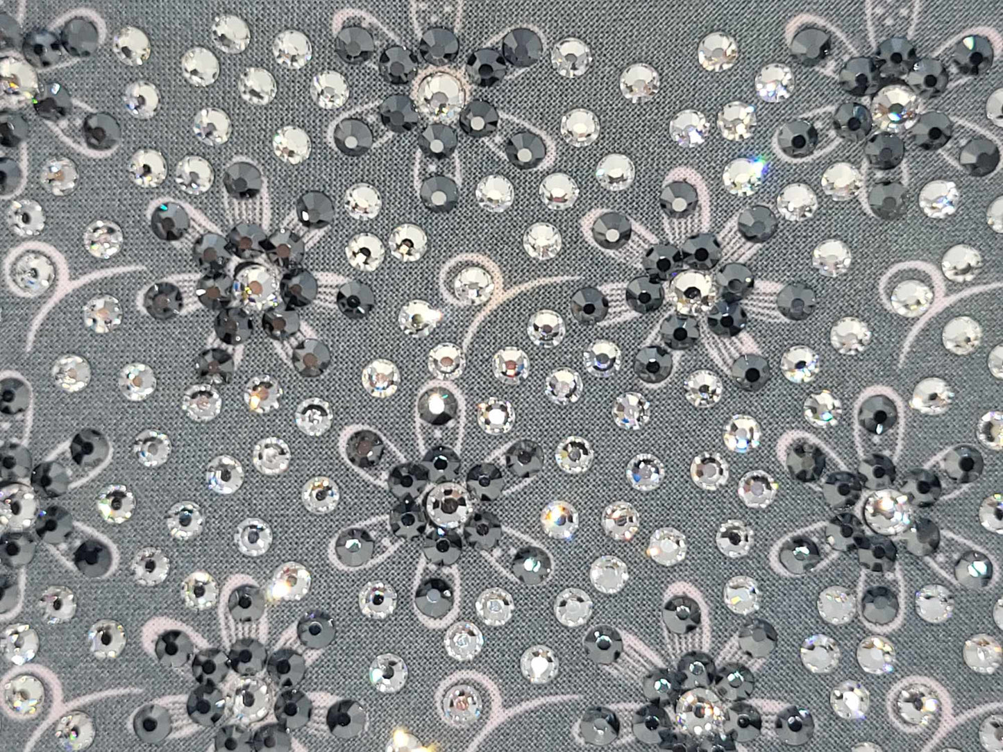 Super LeeAnnette Pink Daisies on Grey with Black and Diamond Clear Austrian Crystals (Sku4797)