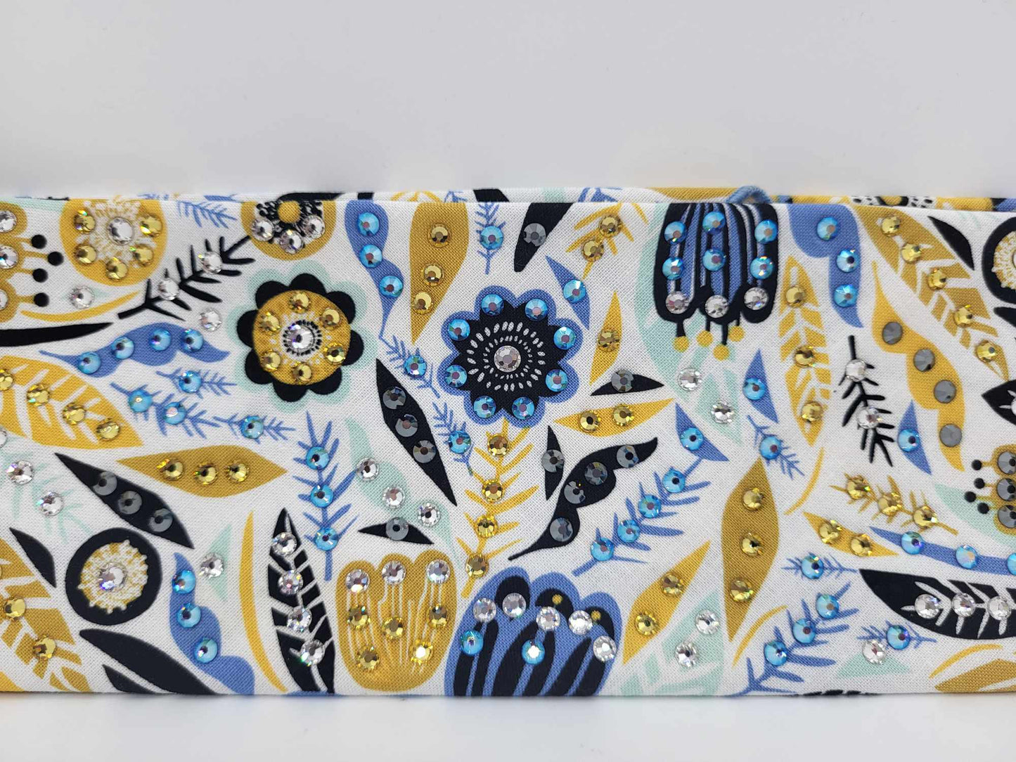 LeeAnnette Blue and Yellow Flowers with Yellow, Black, Blue Shimmer and Diamond Clear Austrian Crystals (sku4800)