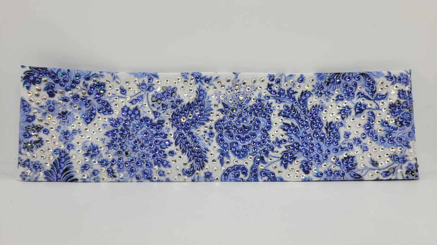 Super LeeAnnette Blue Flowers on White with Blue, Black and Diamond Clear Austrian Crystals (Sku4806)