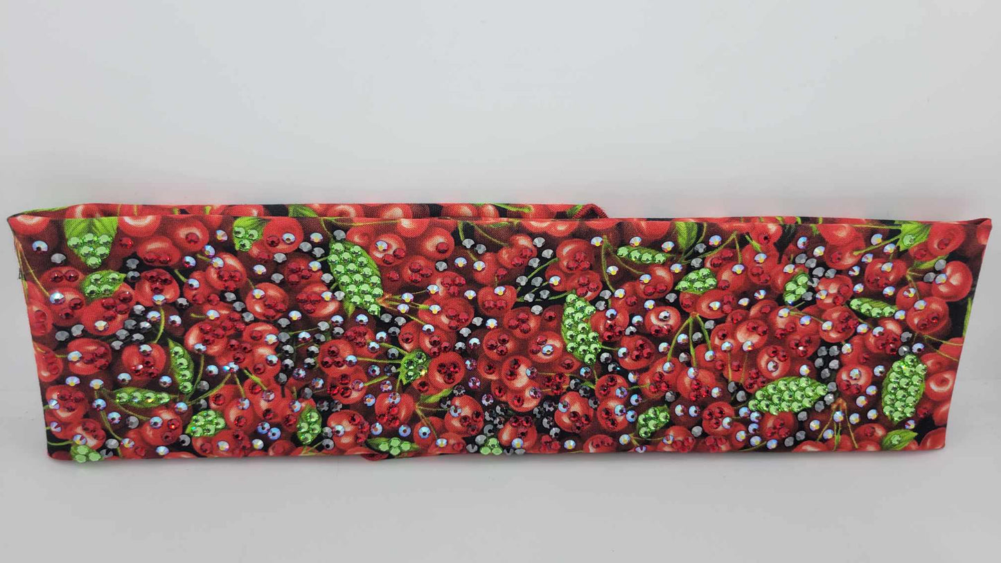 Super LeeAnnette Cherries Bandana with Red, Red Shimmer, Black and Green Austrian Crystals (Sku4847)