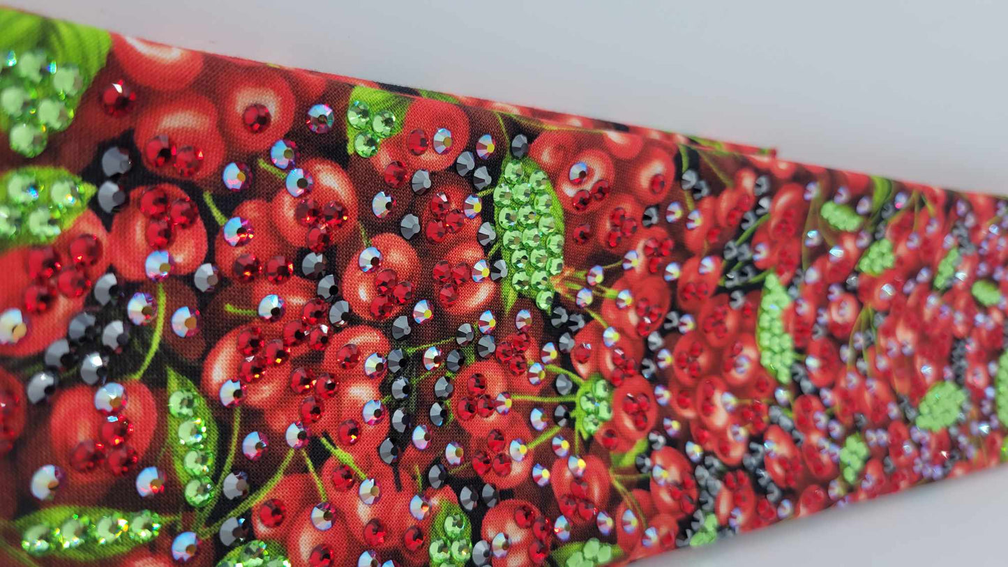 Super LeeAnnette Cherries Bandana with Red, Red Shimmer, Black and Green Austrian Crystals (Sku4847)