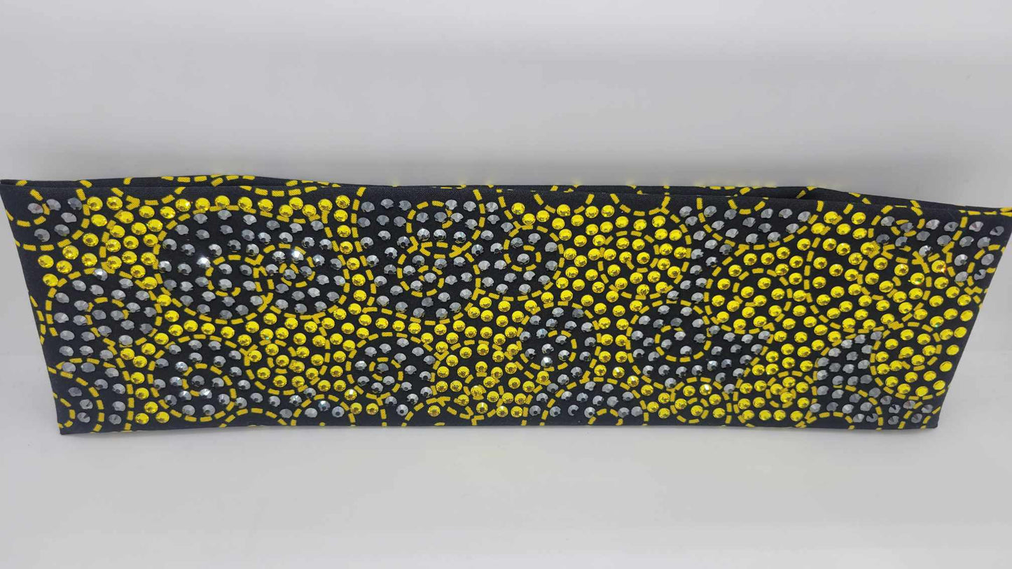 Super LeeAnnette Black and Yellow Scrolls Bandana with Yellow and Black Austrian Crystals (Sku4882)