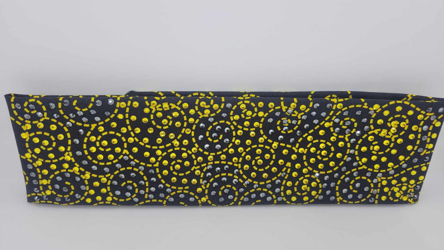 LeeAnnette Black and Yellow Scrolls Bandana with Yellow and Black Austrian Crystals (sku4885)