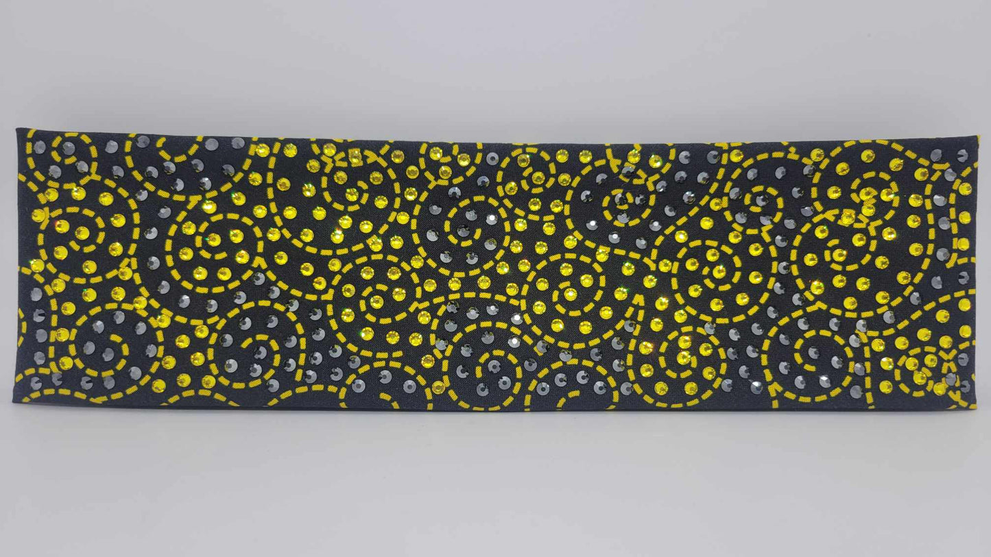 LeeAnnette Black and Yellow Scrolls Bandana with Yellow and Black Austrian Crystals (sku4885)