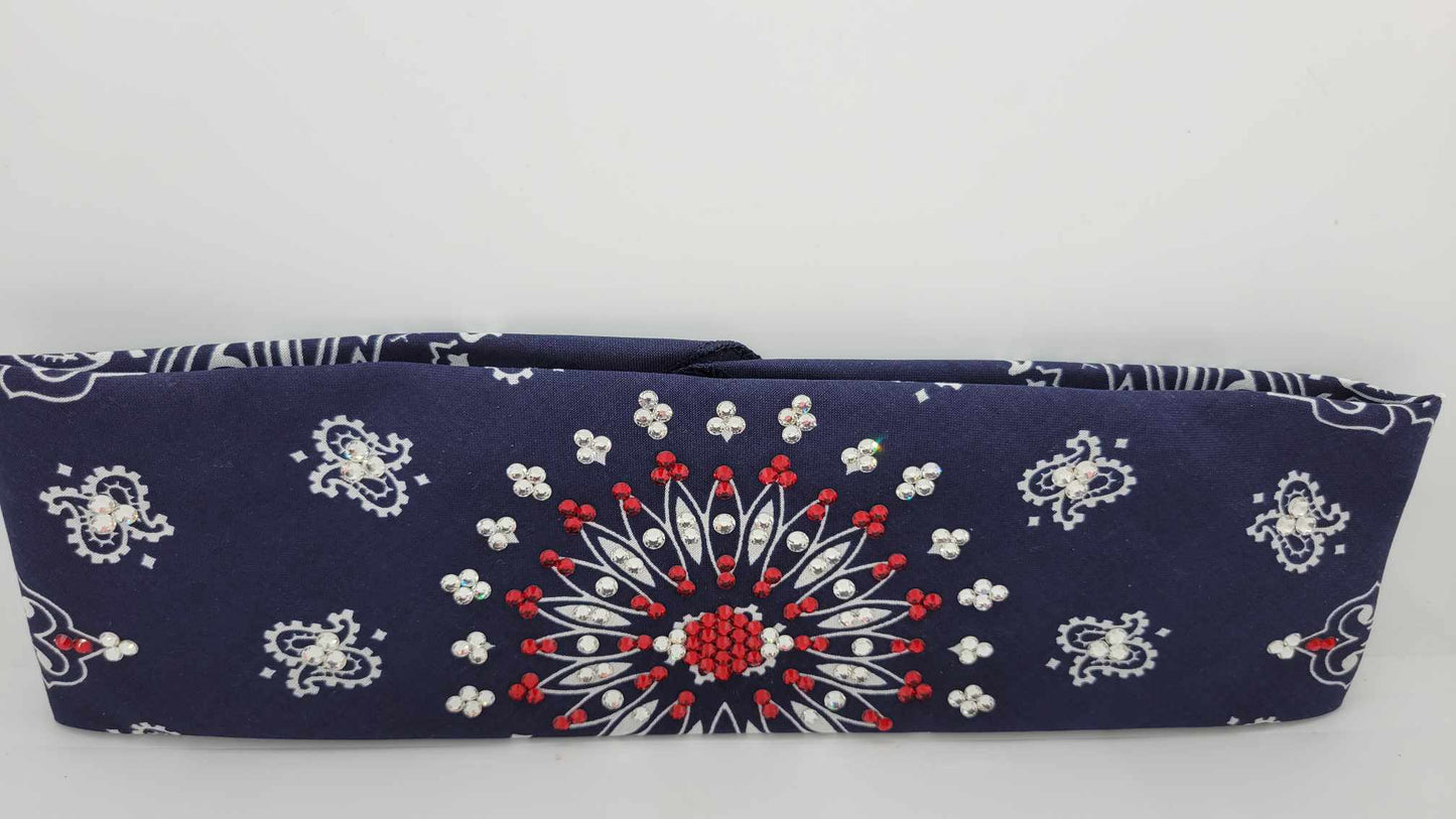 EXTRA BLING - Navy Blue Paisley With Red and Diamond Clear Austrian Crystals (Sku4914)