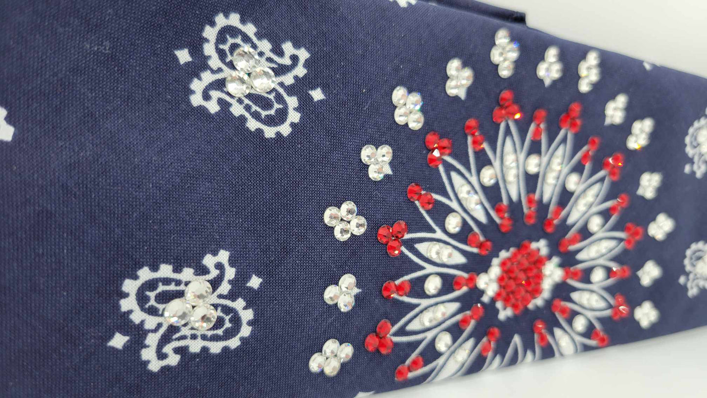 EXTRA BLING - Navy Blue Paisley With Red and Diamond Clear Austrian Crystals (Sku4914)