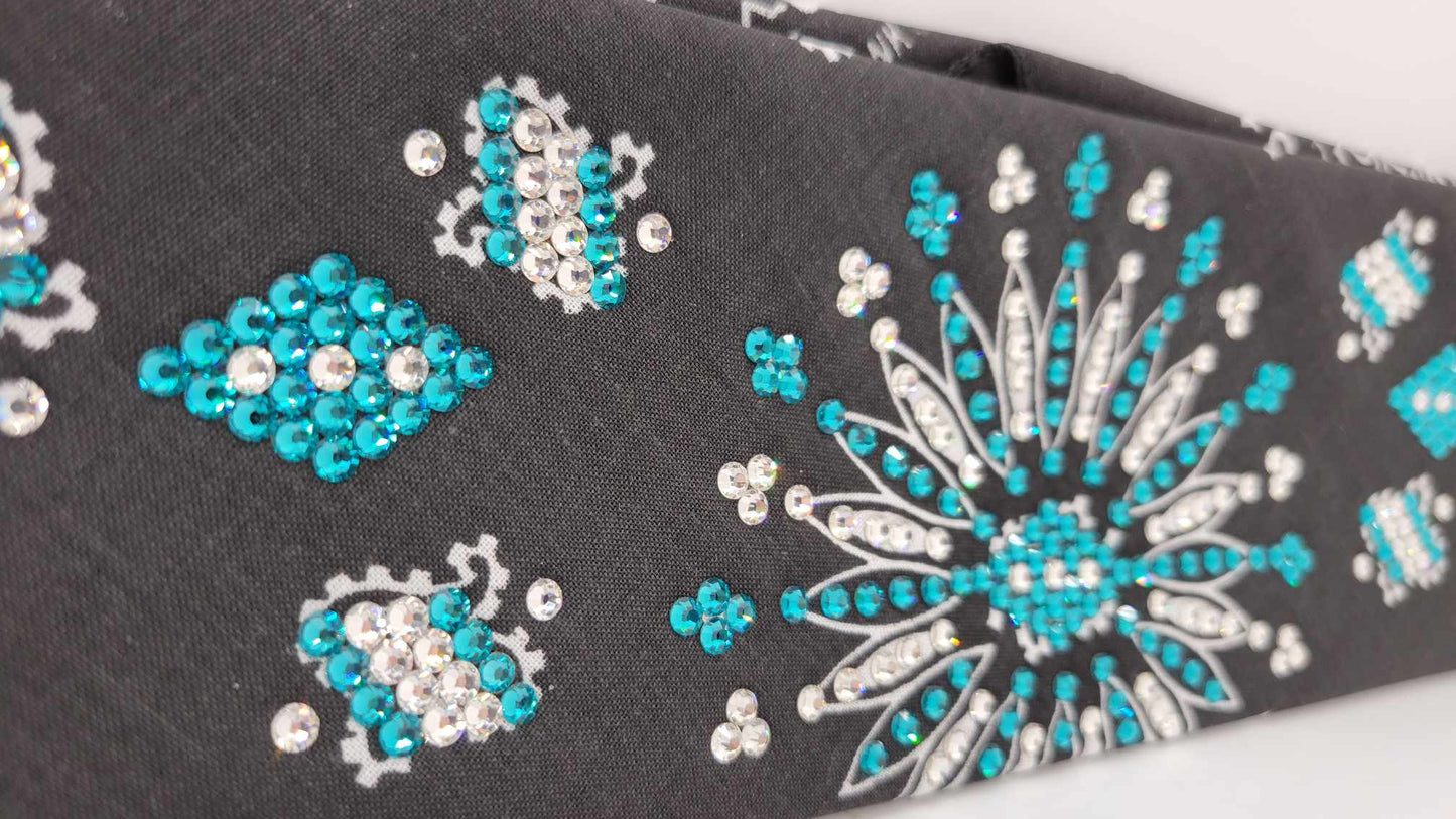 LeeAnnette Black Paisley Bandana with Bright Blue and Diamond Clear Austrian Crystals (Sku4918)