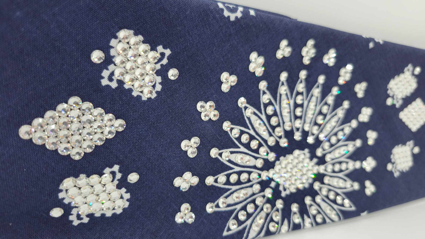LeeAnnette Navy Blue Paisley Bandana with Diamond Clear Austrian Crystals (Sku4919)