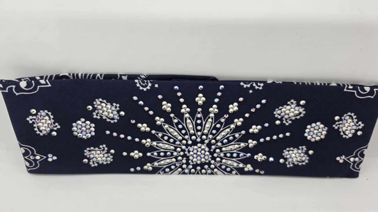 LeeAnnette Navy Paisley Bandana with Red Shimmer and Diamond Clear Austrian Crystals (sku40093)