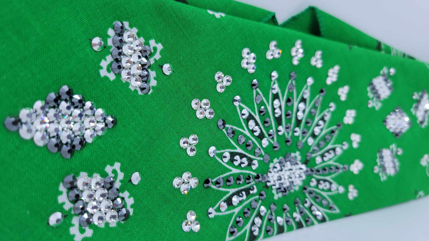LeeAnnette Green Paisley Bandana with Chrome, Black and Diamond Clear Austrian Crystals (Sku4949)