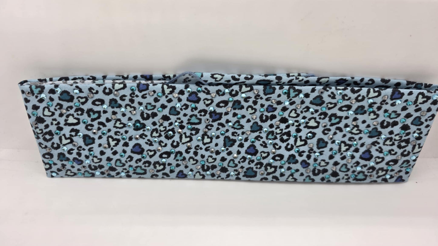 EXTRA BLING - Blue Leopard Hearts Bandana with Light Blue, Bright Blue and Black Austrian Crystals (sku6395)