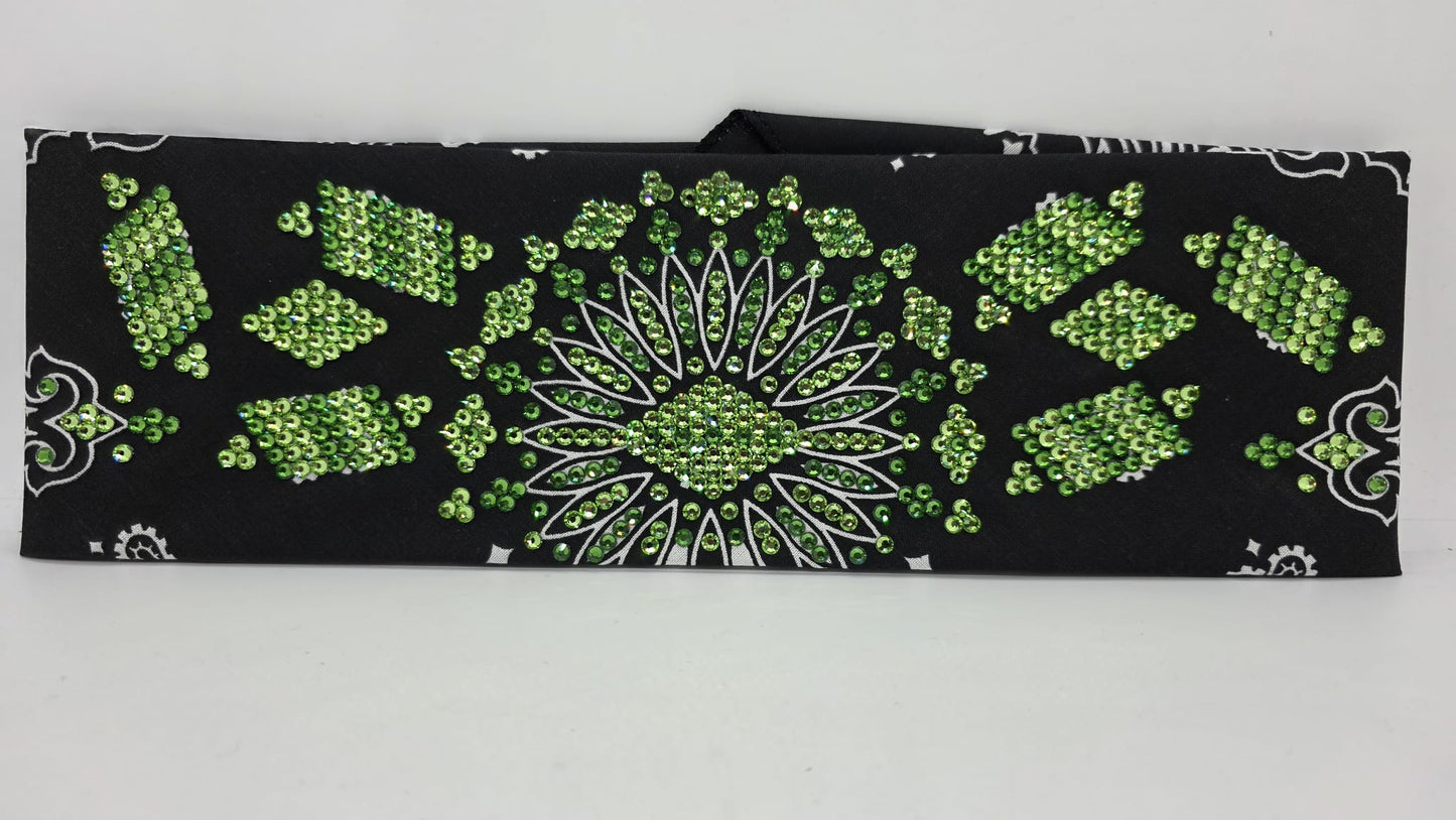 Super LeeAnnette Black Paisley Bandana with Light and Dark Green Austrian Crystals (S480102)