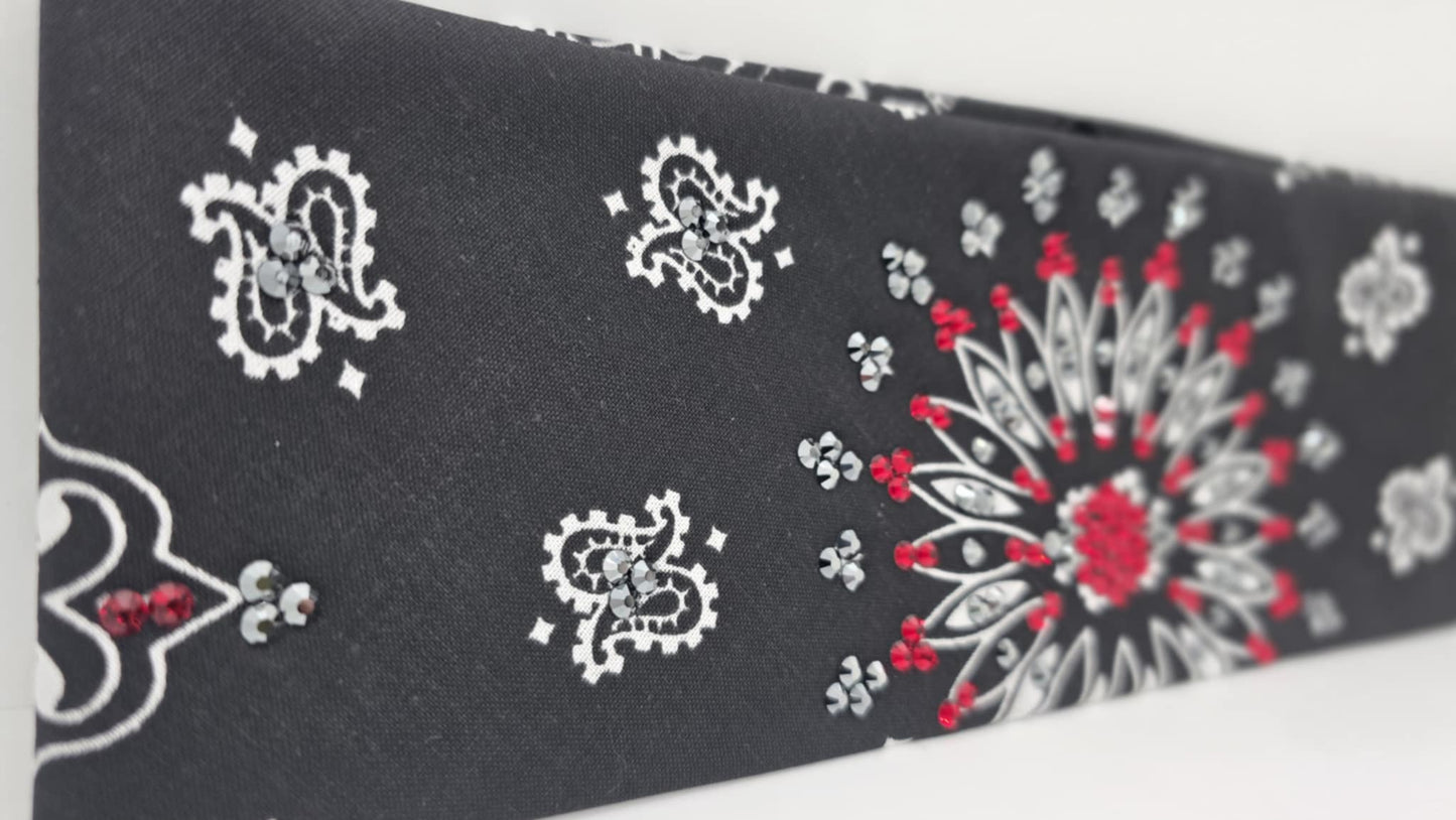 EXTRA BLING - Black Paisley Bandana with Red and Black Austrian Crystals (sku6382)