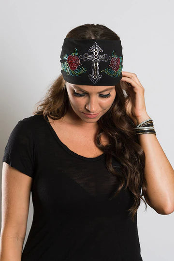 Stretchy Headband Super Bling Cross and Roses (Sku5414)