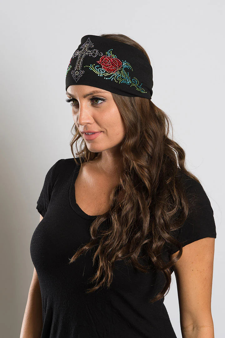 Stretchy Headband Super Bling Cross and Roses (Sku5414)