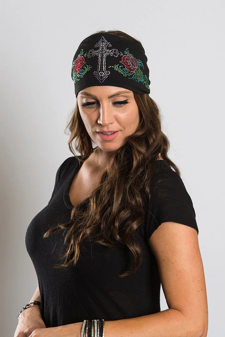 Stretchy Headband Super Bling Cross and Roses (Sku5414)