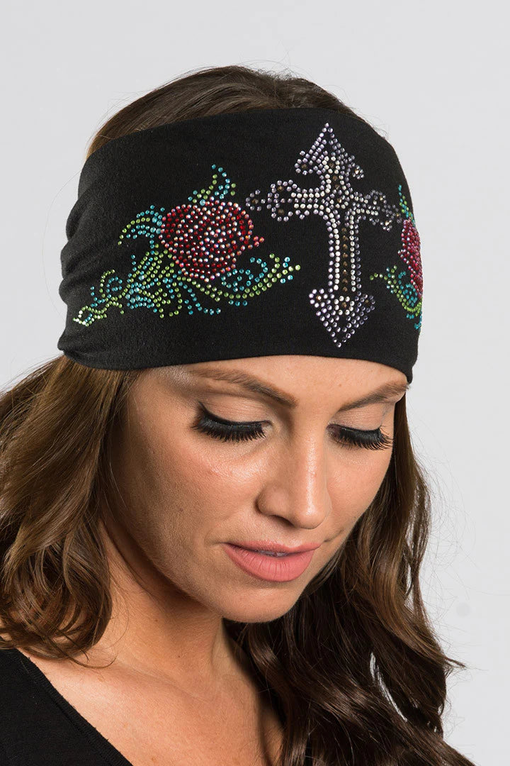 Stretchy Headband Super Bling Cross and Roses (Sku5414)